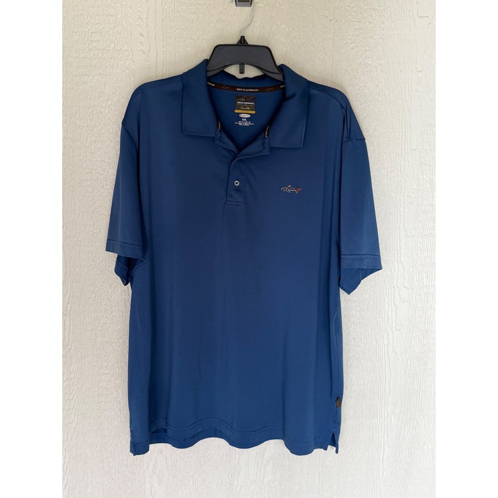 Greg Norman Tasso Elba Five Iron Polo Mens XXL Blue Play Dry Golf Shark Logo